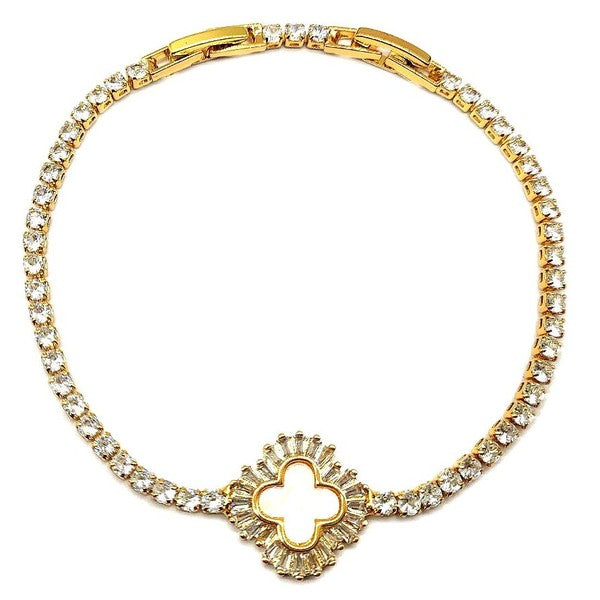 Baguette Clover Rhinestone Tennis Bracelet Gold Plated