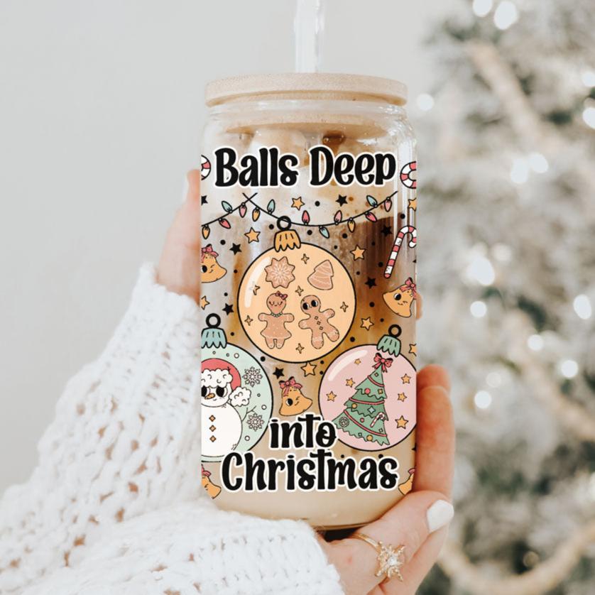 Balls Deep 17oz Christmas Mug Funny Holiday Cup With Ornament Design Humorous Seasonal Drinkware BandsCo Straps