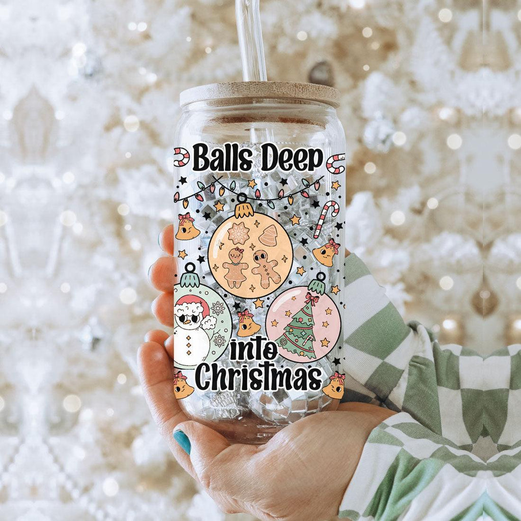 Balls Deep 17oz Christmas Mug Funny Holiday Cup With Ornament Design Humorous Seasonal Drinkware BandsCo Straps