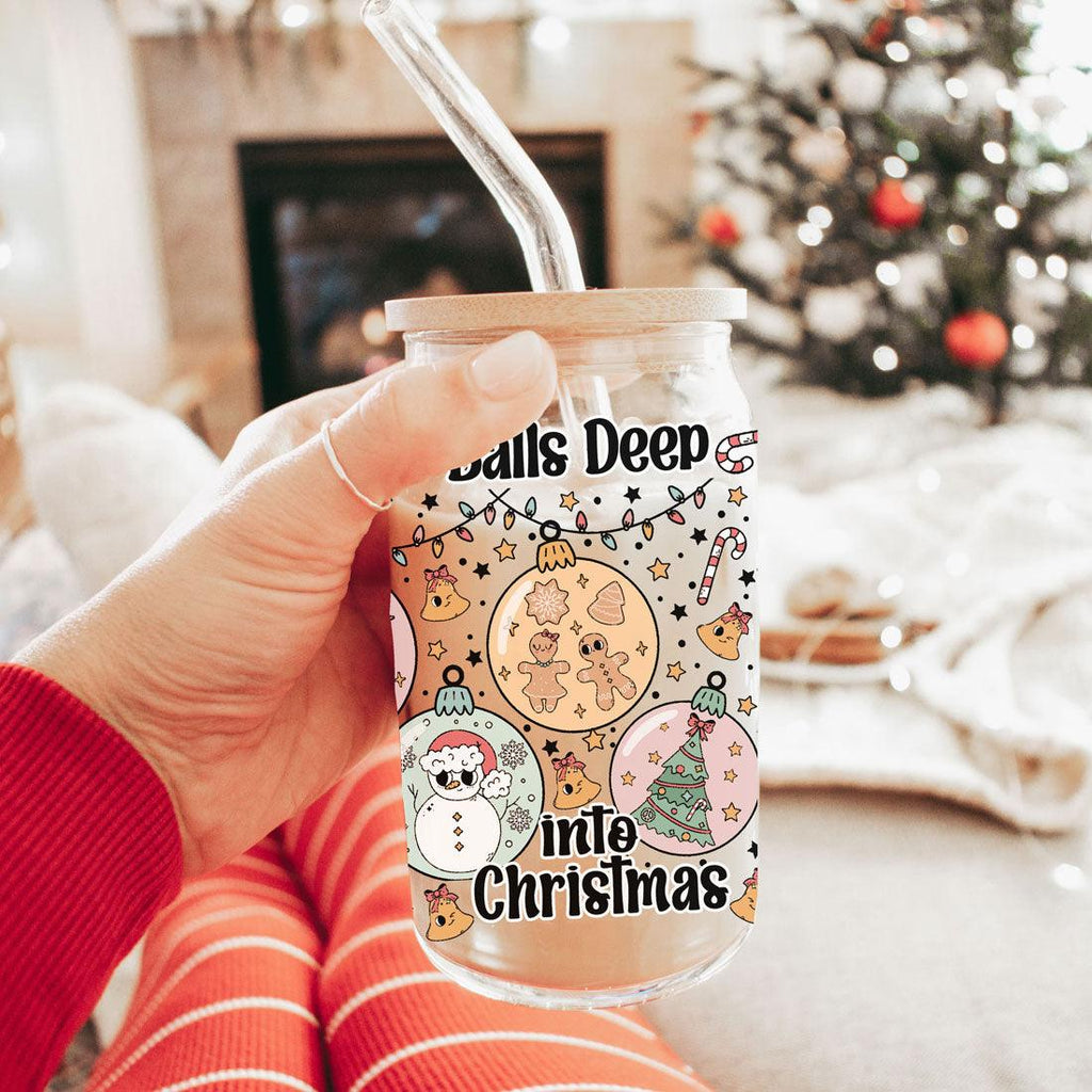 Balls Deep 17oz Christmas Mug Funny Holiday Cup With Ornament Design Humorous Seasonal Drinkware BandsCo Straps