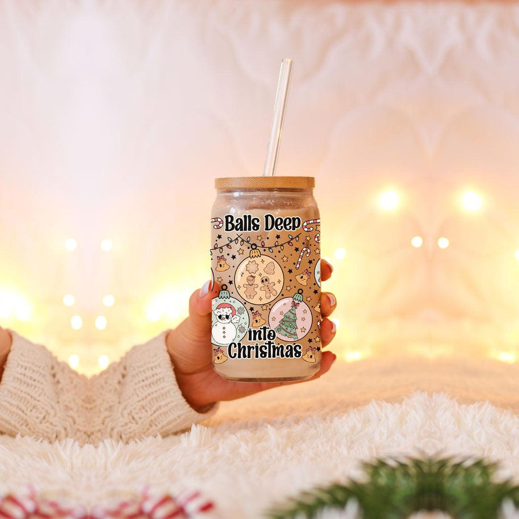 Balls Deep 17oz Christmas Mug Funny Holiday Cup With Ornament Design Humorous Seasonal Drinkware BandsCo Straps
