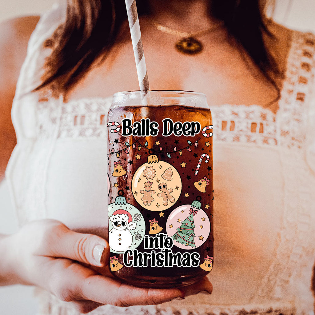 Balls Deep 17oz Christmas Mug Funny Holiday Cup With Ornament Design Humorous Seasonal Drinkware BandsCo Straps