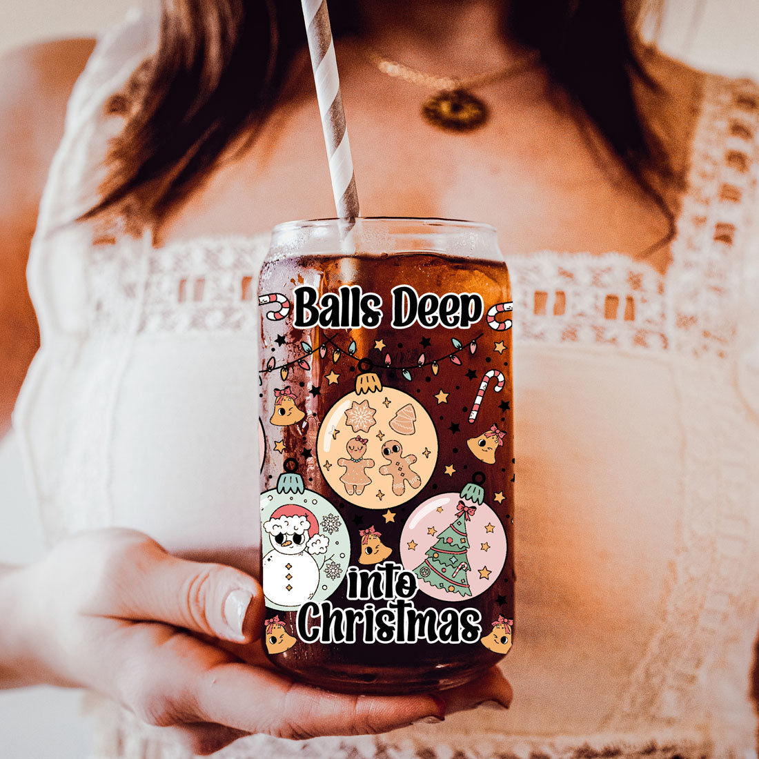 Balls Deep 17oz Christmas Mug Funny Holiday Cup With Ornament Design Humorous Seasonal Drinkware BandsCo Straps