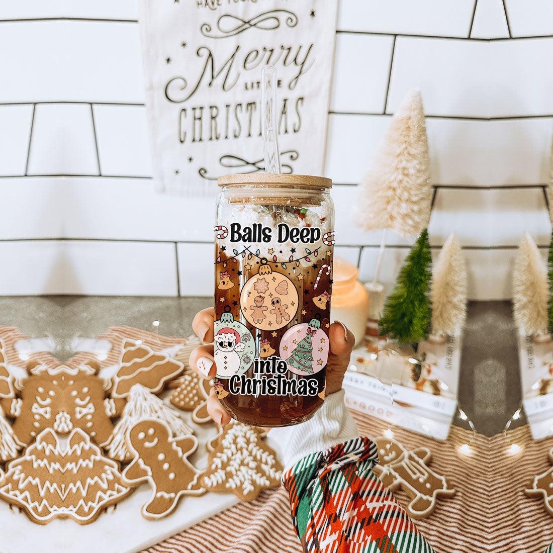 Balls Deep 17oz Christmas Mug Funny Holiday Cup With Ornament Design Humorous Seasonal Drinkware BandsCo Straps