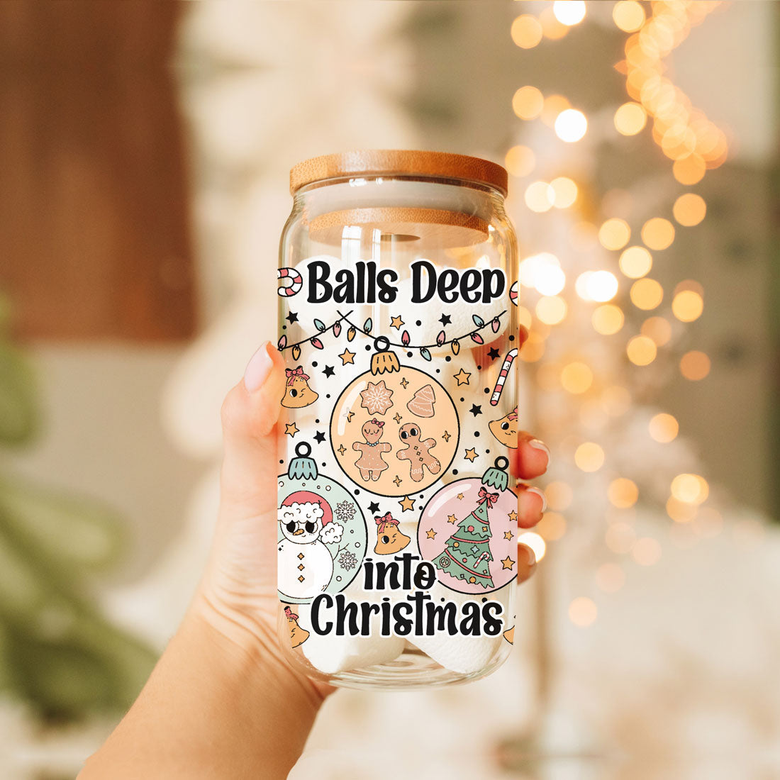 Balls Deep 17oz Christmas Mug Funny Holiday Cup With Ornament Design Humorous Seasonal Drinkware BandsCo Straps