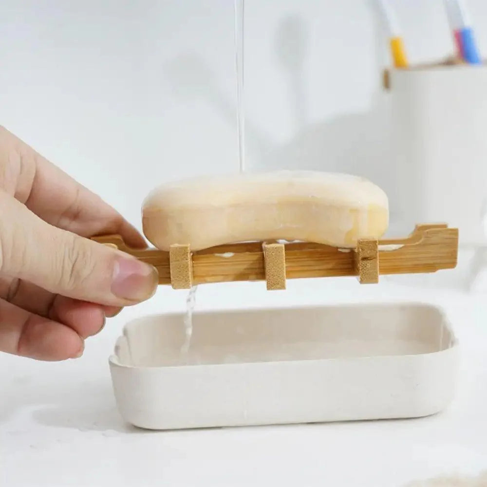 Bamboo Fiber Shower Soap Holder Draining Box Kitchen Storage Rack Bathroom Soap Case Supplies Portable Bar Soap Box Container Bamboo Self-Draining Soap Box And Soap Saver Pouch Soap Holder for Shower Bathroom Kitchen Bathtub Bar Sink White and Black Stevvex