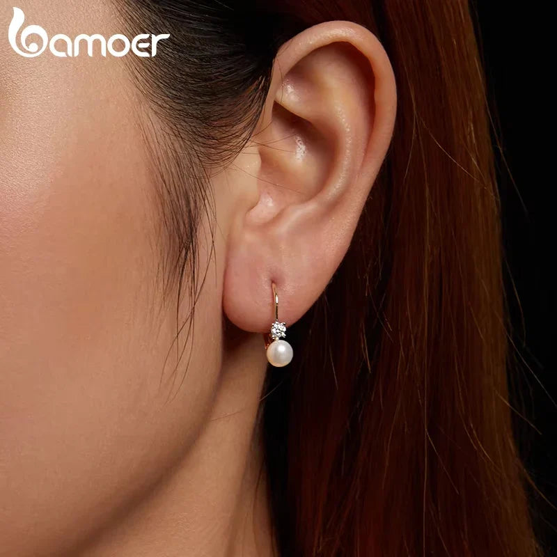 Moissanite Freshwater Pearl Drop Earrings 925 Sterling Silver Round Cut Dangle BandsCo Straps