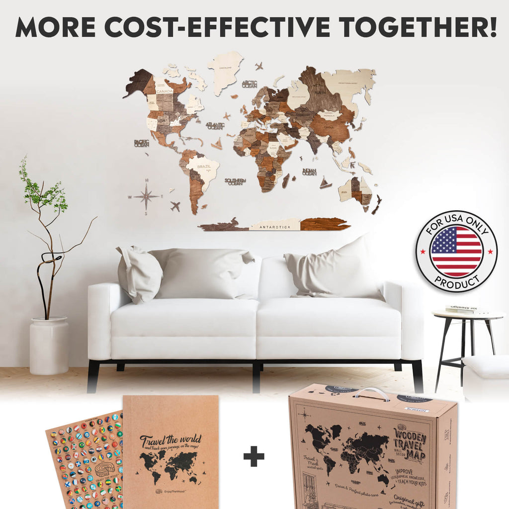 Wall Decor Bundle: 3D Wooden World Map with Flag Pins - SJB-DIAMOND ELITES