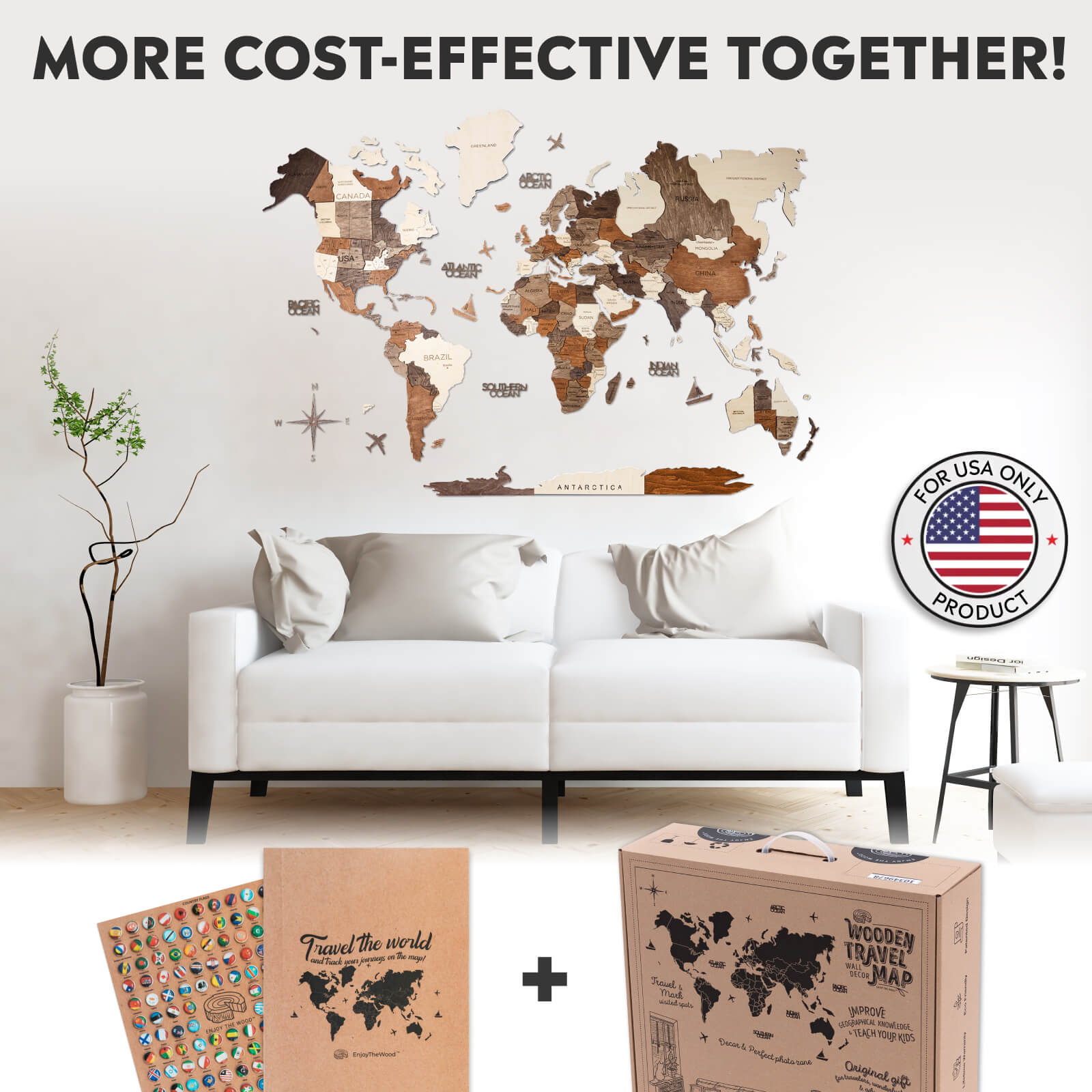 Wall Decor Bundle: 3D Wooden World Map with Flag Pins - SJB-DIAMOND ELITES