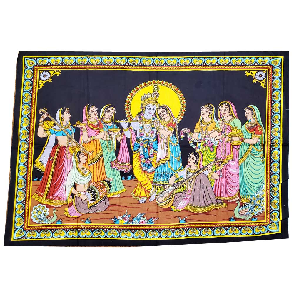 Krishna Wall Art Black Handpainted Cloth Banner Sequin BandsCo Straps