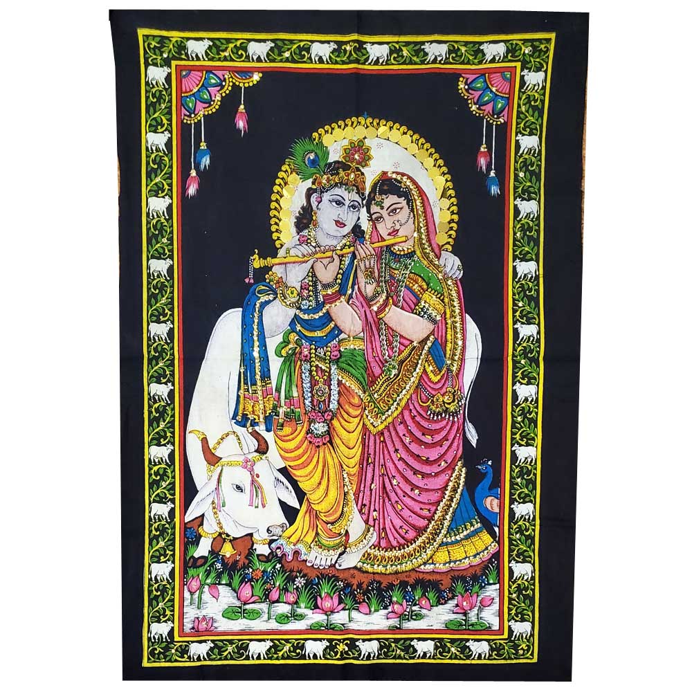 Krishna Wall Art Black Handpainted Cloth Banner Sequin BandsCo Straps