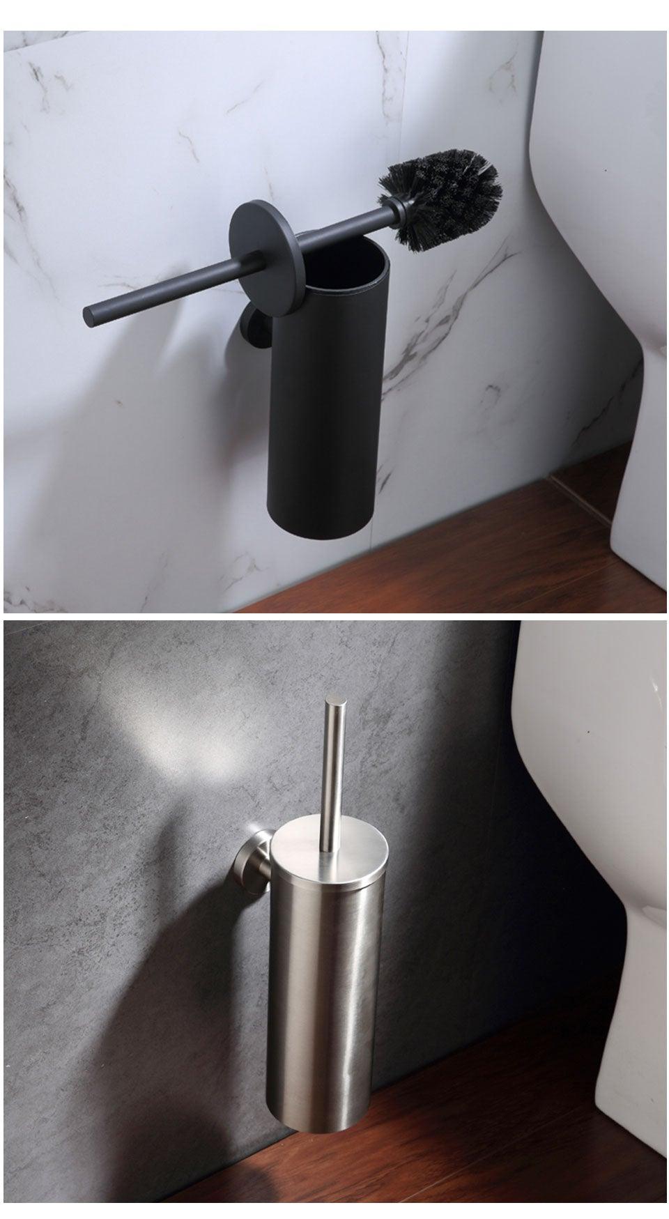 Bathroom Toilet Brush Holder Matt Black  Stainless Steel Toilet Brush Wall Mounted For Bathroom Storage And Organization Toilet Bowl Brush with Stainless Steel Handle Durable Bristles Deep Cleaning Compact Bathroom Brush Save Space Good Grip Stevvex