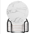 Set Of 6 Beverage Coasters With Stand Round 4in Ceramic Coaster With Metal Stand Absorbent Marble Stone Coaster With Cork Base Pi-Mart