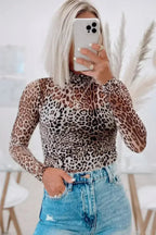 Brown Leopard Print Mesh Bodysuit Smocked Neck - Femstylo