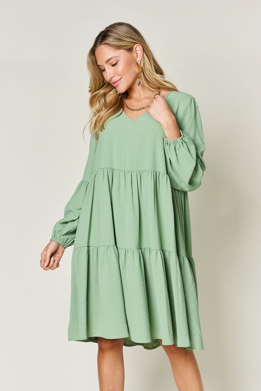 Light Green Double Take Full Size V-Neck Sleeve Tiered Dress with Pockets Elegant & Comfortable Casual Dress Stevvex