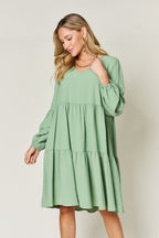 Light Green Double Take Full Size V-Neck Sleeve Tiered Dress with Pockets Elegant & Comfortable Casual Dress Stevvex