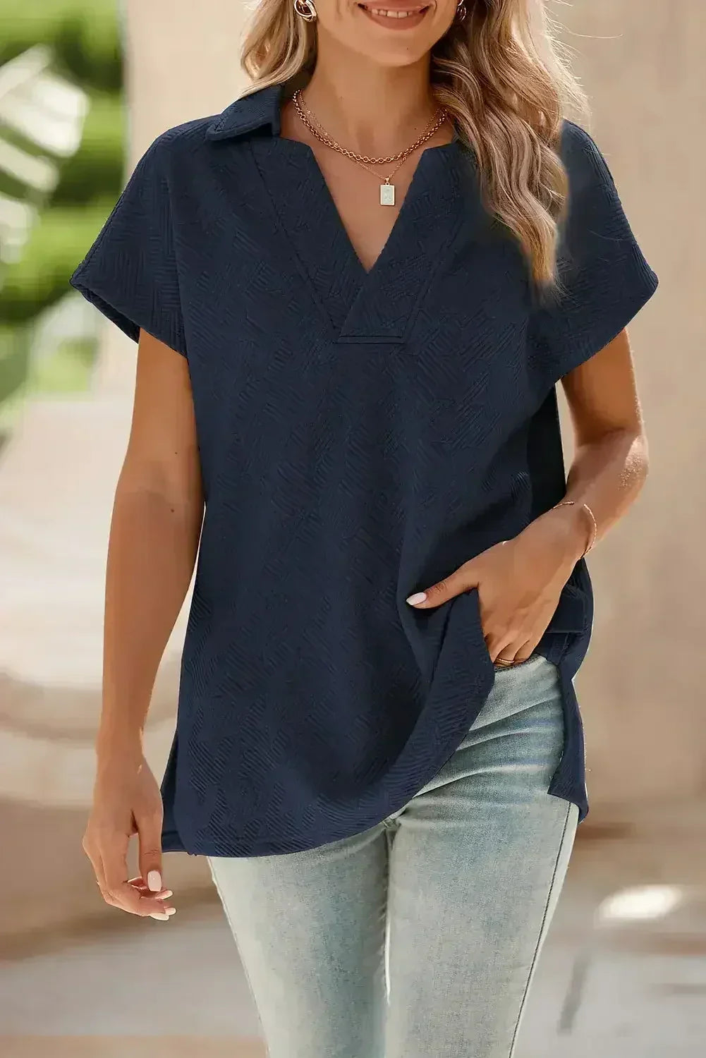 White Textured V Neck Collared Split Hem T Shirt