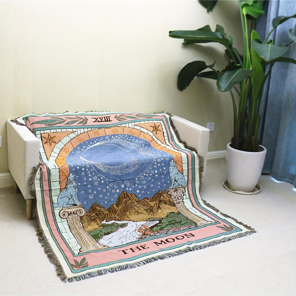 1pc Bohemian Knitted Tassel Blanket - Polyester Blend, Machine Washable, Square, Stain Resistant, Lightweight, Versatile for Indoor, Outdoor, Camping - The Moon Design Rug Lootquake LLC