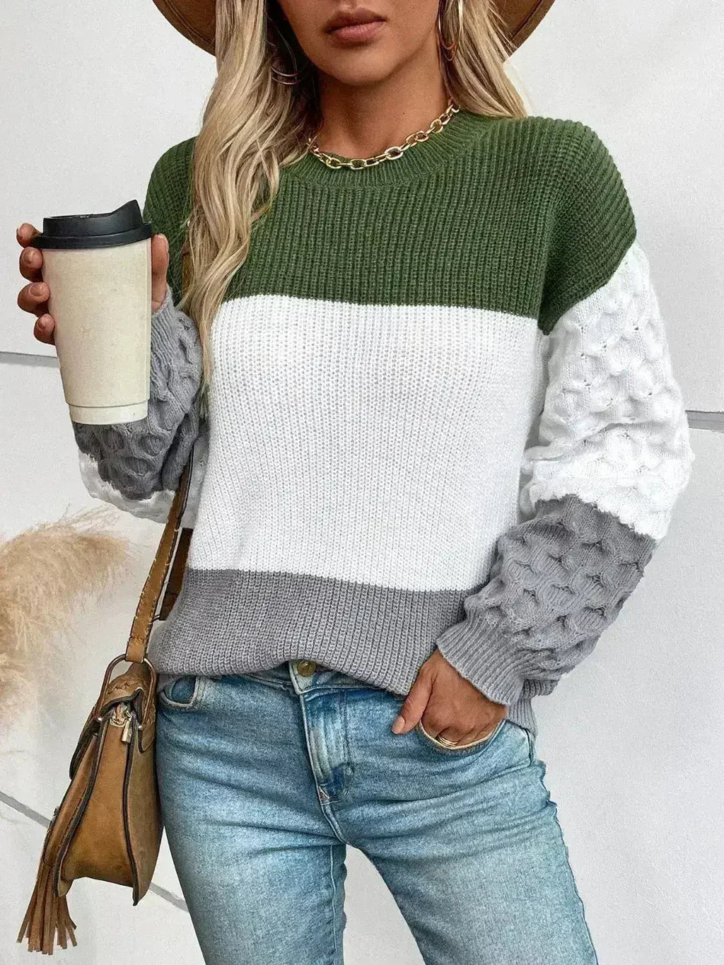 Color Block Round Neck Long Sleeve Sweater - SJB-DIAMOND ELITES