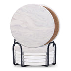 Set Of 6 Beverage Coasters With Stand Round 4in Ceramic Coaster With Metal Stand Absorbent Marble Stone Coaster With Cork Base Pi-Mart