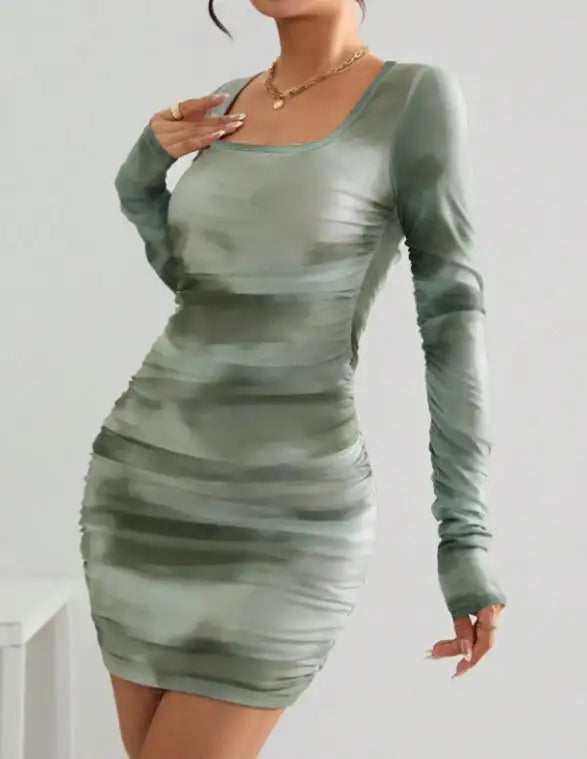 Ladies' Square Neck Printed Fashionable Slim Fit Dress With A Wrapped Buttocks - SJB-DIAMOND ELITES