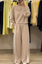 Varsity Stripe Crewneck Pullover and Sweatpants Set THRIXINE
