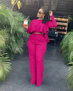 Elegant Work Wear Two Piece Set Fall Clothes for Women Ruffles Crop Top and Wide Leg Pants Suits Matching Sets Sexy Club Outfits Purplish Diva