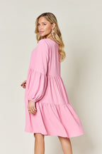 Light Green Double Take Full Size V-Neck Sleeve Tiered Dress with Pockets Elegant & Comfortable Casual Dress Stevvex