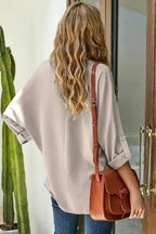 Elegant Apricot V Neck 3/4 Sleeve High Low Hem Shirt - SJB-DIAMOND ELITES