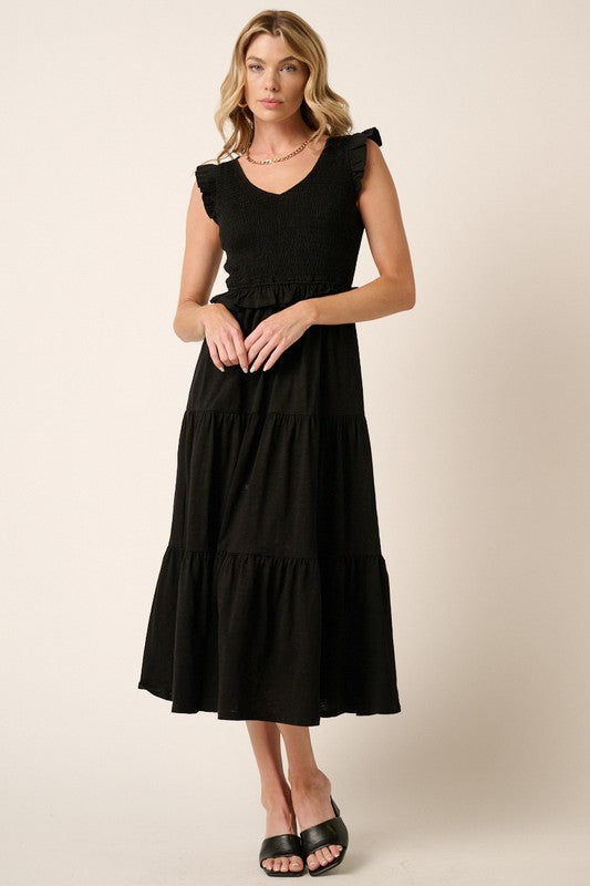 Smocked Ruffled Tiered Midi Dress – Feminine, Romantic, Flattering and Playful Design & Whimsical Style Stevvex