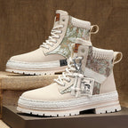 Men's Print Boots Autumn And Winter High-top British Style Comfy Breathable Casual Flat Shoes Outdoor Walking Running Boots Pi-Mart