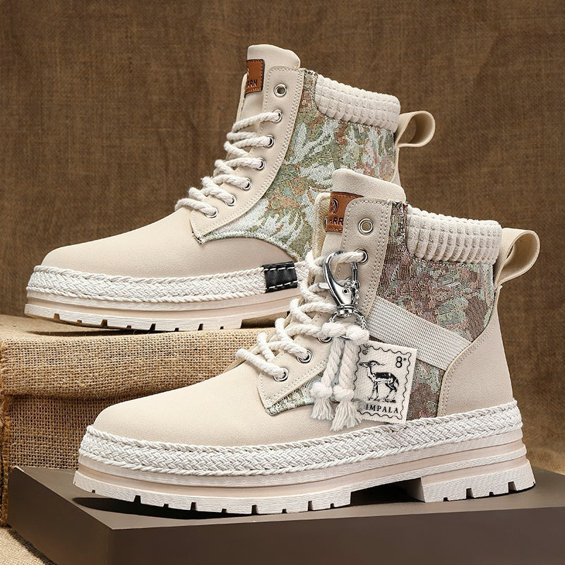 Men's Print Boots Autumn And Winter High-top British Style Comfy Breathable Casual Flat Shoes Outdoor Walking Running Boots Pi-Mart