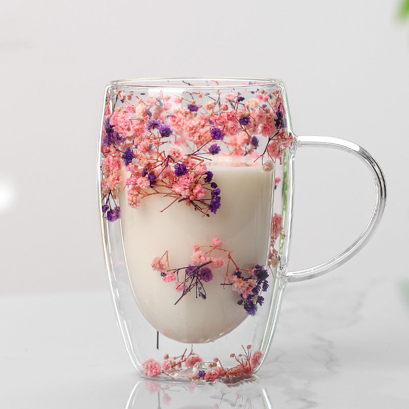 Creative Household Coffee Milk Dried Flower Quicksand Double Layer Glass Cup Pi-Mart