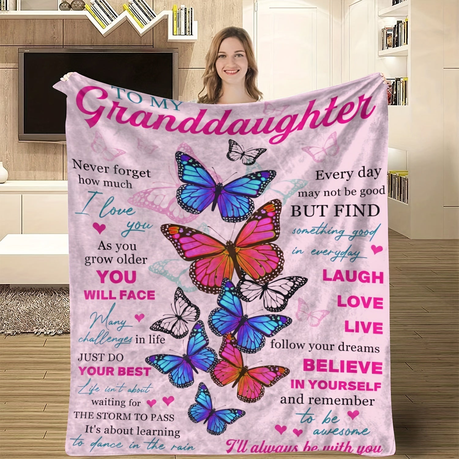 1pc Soft Flannel Butterfly Print Blanket, Warm Cozy Throw for Couch Bed Sofa, To My Granddaughter Lootquake LLC