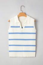 Sky Blue Striped Split V Neck Collared Ribbed Knit Vest