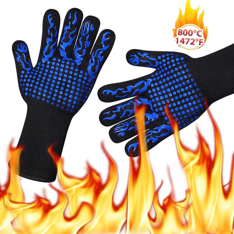 BBQ Gloves High Temperature Resistance Oven Mitts 500 800 Degrees Fireproof Barbecue Heat Insulation Microwave Oven Gloves Silicone Non-Slip Kitchen Cooking Gloves for Barbecue Cooking Stevvex