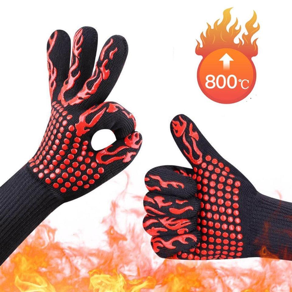 BBQ Gloves High Temperature Resistance Oven Mitts 500 800 Degrees Fireproof Barbecue Heat Insulation Microwave Oven Gloves Silicone Non-Slip Kitchen Cooking Gloves for Barbecue Cooking Stevvex