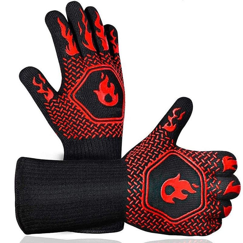 BBQ Gloves High Temperature Resistance Oven Mitts 500 800 Degrees Fireproof Barbecue Heat Insulation Microwave Oven Gloves Silicone Non-Slip Kitchen Cooking Gloves for Barbecue Cooking Stevvex