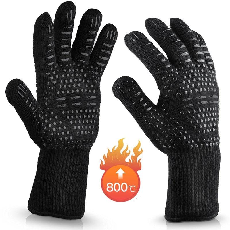 BBQ Gloves High Temperature Resistance Oven Mitts 500 800 Degrees Fireproof Barbecue Heat Insulation Microwave Oven Gloves Silicone Non-Slip Kitchen Cooking Gloves for Barbecue Cooking Stevvex