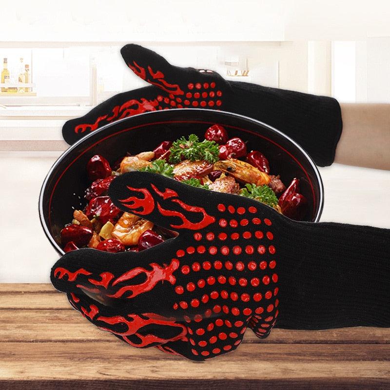 BBQ Gloves Silicone Heat-Resistant Glove Kitchen Microwave Oven Mitts 500 800 Degree Fireproof And Non-Slip Barbecue Gloves  Kitchen Gloves Long Wrist Protect Non-Slip Silicone for Barbecue Cooking Stevvex