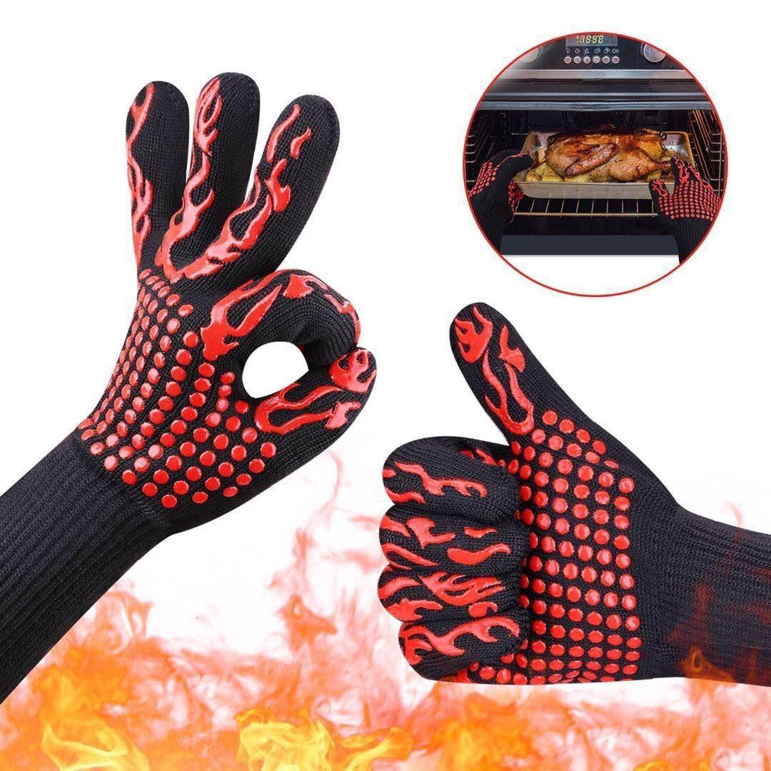 BBQ Gloves Silicone Heat-Resistant Glove Kitchen Microwave Oven Mitts 500 800 Degree Fireproof And Non-Slip Barbecue Gloves  Kitchen Gloves Long Wrist Protect Non-Slip Silicone for Barbecue Cooking Stevvex
