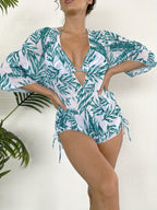 Island Bloom 3-Piece Bikini Set for Women – Tropical Leaf Print Fluttering Swimwear with Flattering Halter Neck Top High Waist Bottoms & Adjustable Drawstring Cover Up – Perfect for Koningsdag Celebrations & Summer Adventures