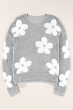 60s Flower Drop Shoulder Hollow Knit Top Light Grey -Femstylo