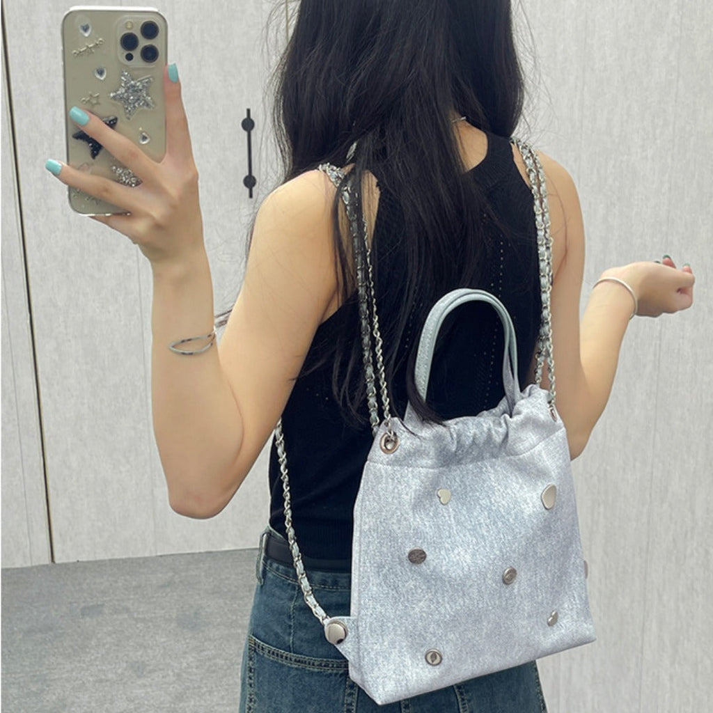 Denim blue chain backpack female, stylish and simple multi-functional portable shoulder bag, large capacity backpack with top handle - SJB-DIAMOND ELITES