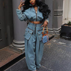 Denim Two Piece Sets Women Pant Set Y2k Streetwear Coats Jeans Elegant Matching Sets Coat Top Long Pants Jackets Streetwear Purplish Diva