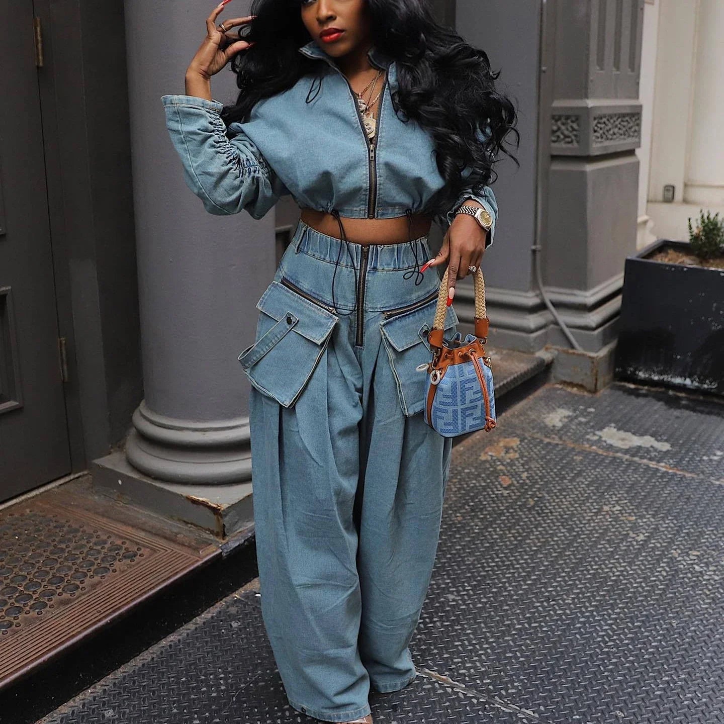 Denim Two Piece Sets Women Pant Set Y2k Streetwear Coats Jeans Elegant Matching Sets Coat Top Long Pants Jackets Streetwear Purplish Diva
