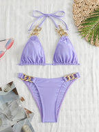 Luxe Chain Link Triangle Halter Bikini Set – Chic V Neck 2 Piece Swimsuit with Lace-Up Tie Back High Stretch Nylon Blend and Sleek Solid Color Finish – Women's Elegant Swimwear for Summer Beach & Pool Style Stevvex