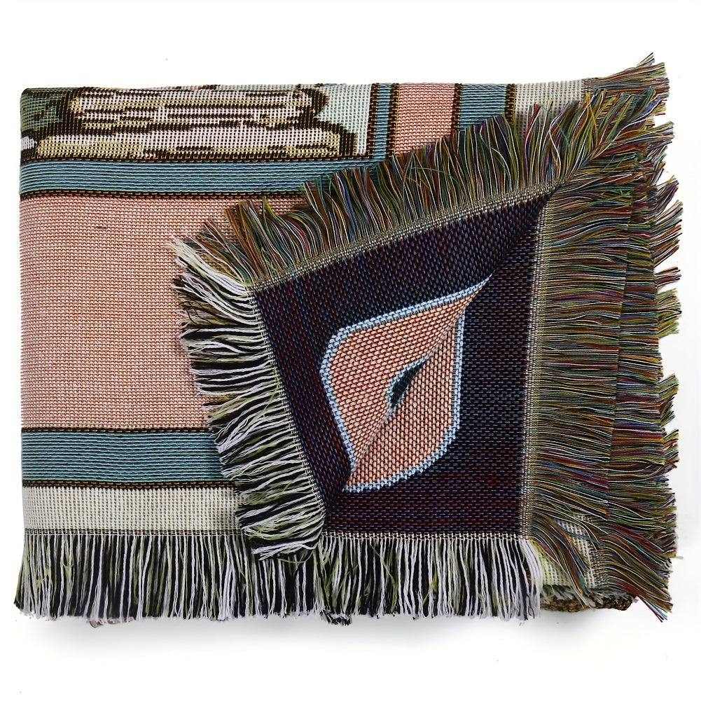 1pc Bohemian Knitted Tassel Blanket - Polyester Blend, Machine Washable, Square, Stain Resistant, Lightweight, Versatile for Indoor, Outdoor, Camping - The Moon Design Rug Lootquake LLC