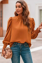 Orange Chiffon Blouse - Bubble Sleeves & Mock Neck | Femstylo