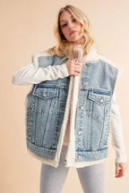Aemi + Co Fake Two Pieces Denim Patch Sherpa Vest Coat